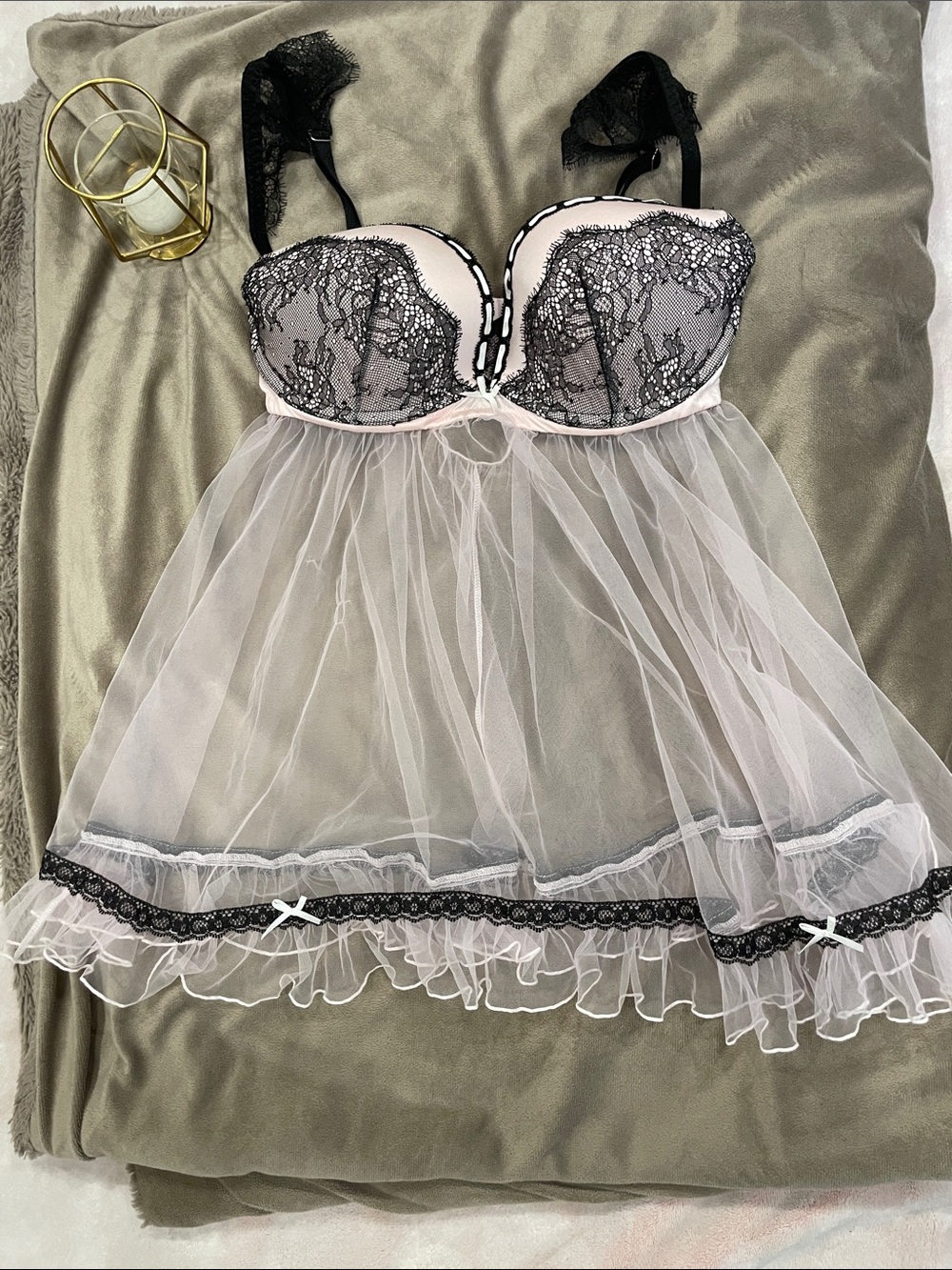 Victoria's Secret Pink and Black Lace Babydoll Chemise